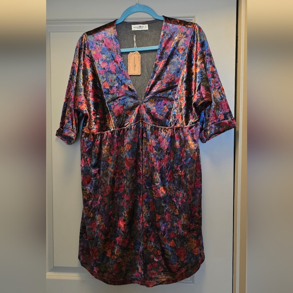 NATURAL LIFE Pink and Purple Velvet Babydoll Dress with Plunge Neckline